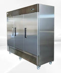 Professional Grade Commercial Stainless Steel Reach In Freezer With Three Roomy Solid Doors showing sleek exterior for kitchen use.