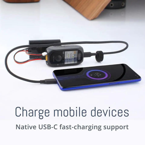 Pocket Size Ultra Compact RC Battery Charger With IPS Screen 80W 5A Portable charging a smartphone via USB-C PD