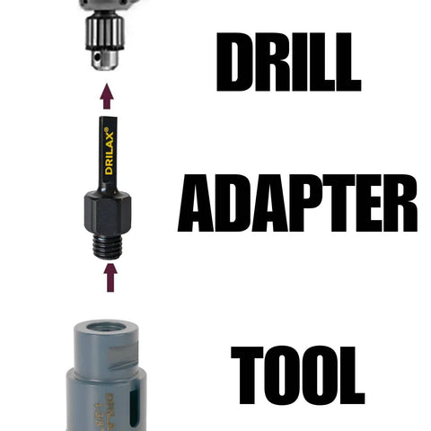 Universal Five Eighths To Three Eighths Drill Adapter Attachment With Threaded Arbor Shaft shown with drill bit and tool connection.