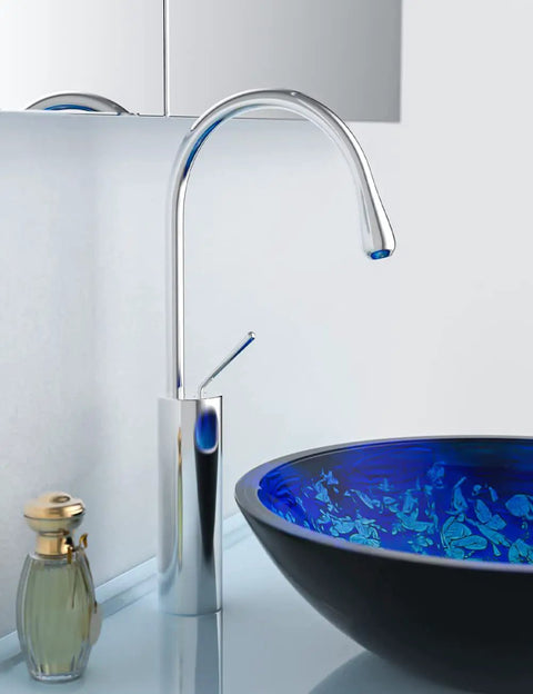 Vessel Sink Chrome Faucet With Single Hole Slick Modern Single Handle Lavatory Faucet Water Drop Faucet Solid Brass Ceramic Cartridge Easy Install Bathroom Faucet FW-FA105 beside blue bowl sink