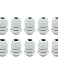 10 Pack M16 X 1.5 Waterproof Cable Glands Featuring Impact Resistant Polyamide Body in white for electrical wiring.