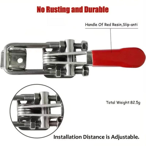 Side view of Two Pack Self Locking 304 Stainless Steel Toggle Clamp For Quick Press Door Bolts And Box Fixtures with red handle.