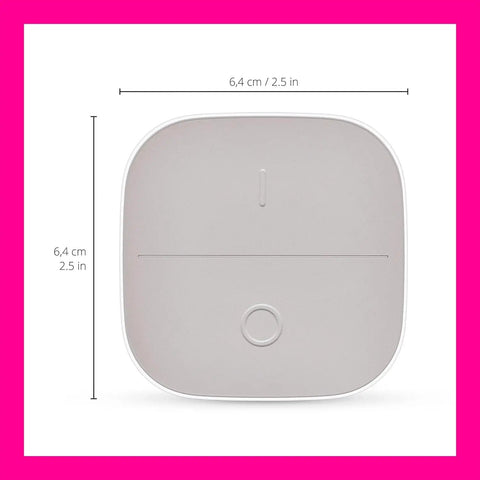 Front view of Portable Smart Button Wireless Light Switch With App Control Battery Powered 50 Foot Range One Tap To Turn Lights On, Off, And Dim Includes 2 AAA Batteries Perfect For Home Automation, square design with dimensions.
