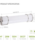 24 Inch LED Vanity Light Bar With 3 CCT Dimmable Modes, Energy Star Ready, ETL Listed, 25W 1950 Lumens, dimensions and specifications