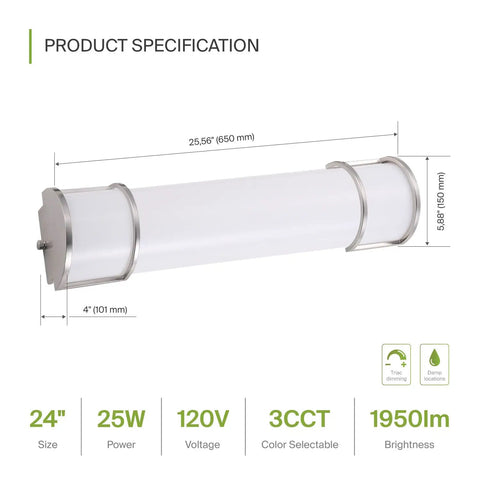 24 Inch LED Vanity Light Bar With 3 CCT Dimmable Modes, Energy Star Ready, ETL Listed, 25W 1950 Lumens, dimensions and specifications