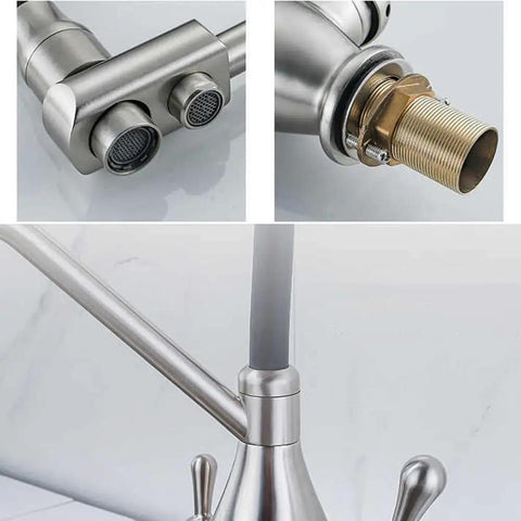 Close-up view of AOXHUGB Faucet 3-Way Tap with Pull-Out Spray Black Silicone Hose Chrome Finish showing dual spouts and connector.