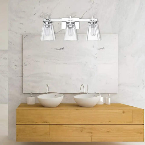 Yorke 5-Piece All-In-One Bathroom Set With Chrome Finish And Clear Glass Empire Shade Vanity Lights over double sinks