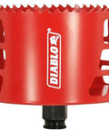 Red bi metal hole saw with variable tooth design for fast clean cuts and deep two and three eighths inch cutting depth, mandrel compatible.