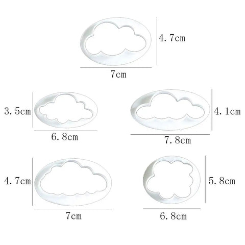 5 cloud cookie cutters from 13 Piece Hot Air Balloon and Cloud Fondant Cutter Set for Cakes and Cookies Plastic Cookie Cutters