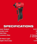 Pro Grade Heavy Hitter Brushless Right Angle Die Grinder With Four Speed Settings And Variable Trigger Plus Built In Led Light Compact M12 Platform Compatible showcasing specifications on red background.