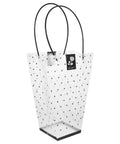 Plastic Flower Bouquet Bag With Handle For Floral Arrangements And Weddings, featuring polka dots and a rose design label.