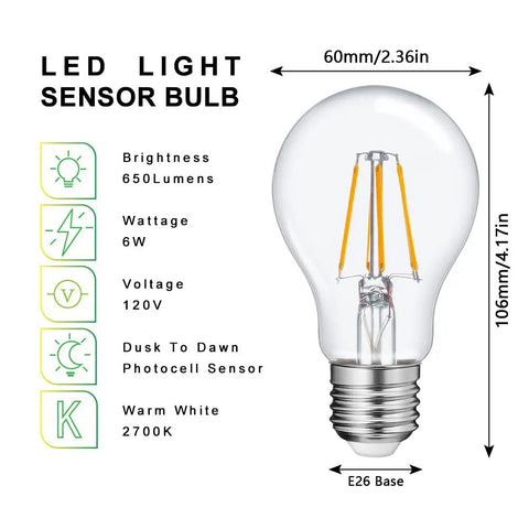 A19 LED Dusk To Dawn Filament Bulb For Outdoor Use, 6W Equivalent To 60W, 2700K Warm White, E26 Edison Socket, 650 Lumens Features