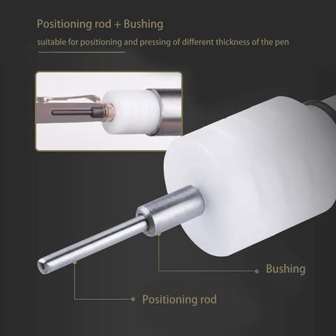 MT2 Morse Taper Lathe Pen Press showing positioning rod and bushing for woodturning pen assembly with different thicknesses.