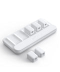 White magnetic cable holder with 5 clips for Lightning, USB C, Micro USB and other wires, shown with additional clips detached.