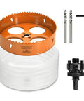 Luckyway 6-1/4-inch recessed-light hole saw kit; orange cutter with white core, includes two drill bits and an arbor.