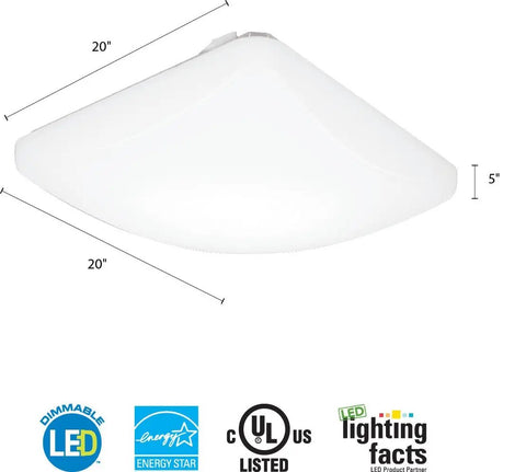 Dimensions and certification logos for 20 Inch Square Flush Mount LED Ceiling Light Dimmable, 120 Volt, 44 Watt, 4000 Lumens