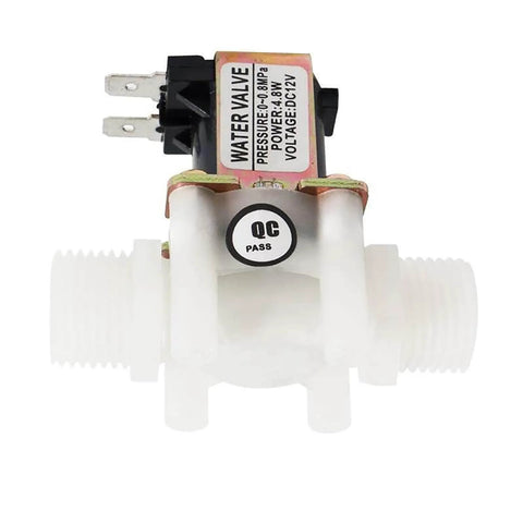 DC 12V 1/2 Inch Solenoid Valve NC Normally Closed Water Inlet Flow Switch with G1/2 Thread, close-up view