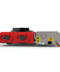 Industrial Grade Electric Machinery Movers With Auxiliary Guide Wheels And Seamless 360 Swivel Base For Crushing Big Moves and Hauling Heavy Tanks Without Breaking A Sweat, side view showing red skate plate and charging port.