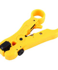 Yellow coax cable wire stripper cutter with adjustable blade and reversible cassette for RG59, RG6, RG7, and RG11 cables