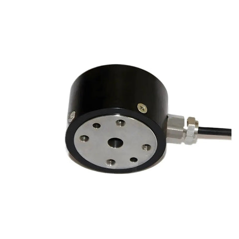 Beefed Up Static Torque Sensor For Motors And Gearboxes 5 To 100 Nm Measuring Sensor showing dual flange mount and cable connector.