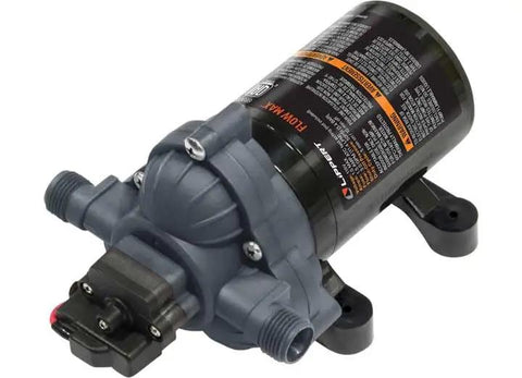 Heavy Duty Flow Max Rv Water Pump With 50 Psi Pressure And 3 Gallons Per Minute Flow, top view showing motor and connections.