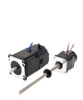 Two black linear stepper motors (NEMA17/23) with silver end plates and a long threaded lead screw; wiring visible