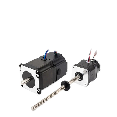 Two black linear stepper motors (NEMA17/23) with silver end plates and a long threaded lead screw; wiring visible