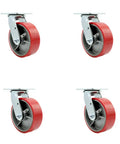 Set Of 4 Heavy Duty Swivel Casters With 6 Inch Red Polyurethane On Cast Iron Wheels Including Bolt On Locks for durable load handling.