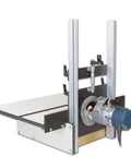 Built Tough As Nails Horizontal Router Table With Solid Phenolic Base For Secure Mortise Tenon Work And Clean Molding Cuts Made In Usa side angle view with mounted trimmer.
