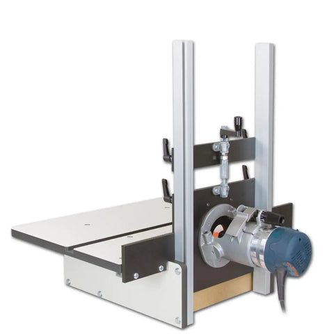 Built Tough As Nails Horizontal Router Table With Solid Phenolic Base For Secure Mortise Tenon Work And Clean Molding Cuts Made In Usa side angle view with mounted trimmer.