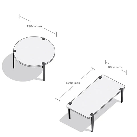 Diagram showing adjustable iron table legs installation for round and rectangular tables, max dimensions 120cm and 150cm.