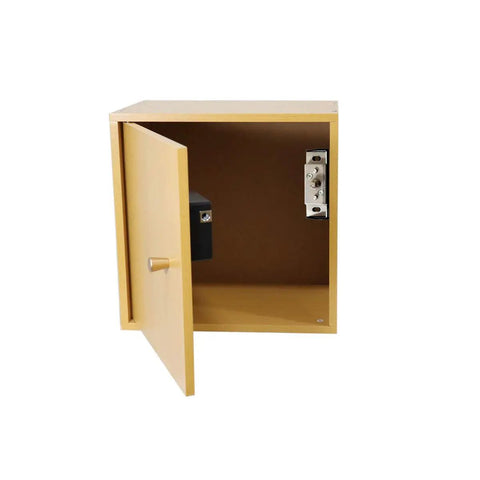 Open wooden cabinet showing installed Easy Install RFID Electronic Cabinet Lock Hidden DIY Kit For Wood Cabinets And Drawers