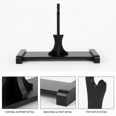 Dope Dual Blade Display Stand For Sai And Kama Katana Tanto Rapiers Black Wooden Vertical Holder with close-up details