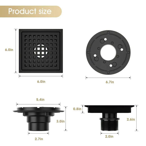Product dimensions for 6 Inch Matte Black Square Shower Drain With Removable Flange Quadrato Grid Pattern In 304 Stainless Steel