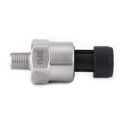 Side view of 30 PSI Pressure Transducer Sensor Built Tough With Stainless Steel Body One Eighth NPT Thread
