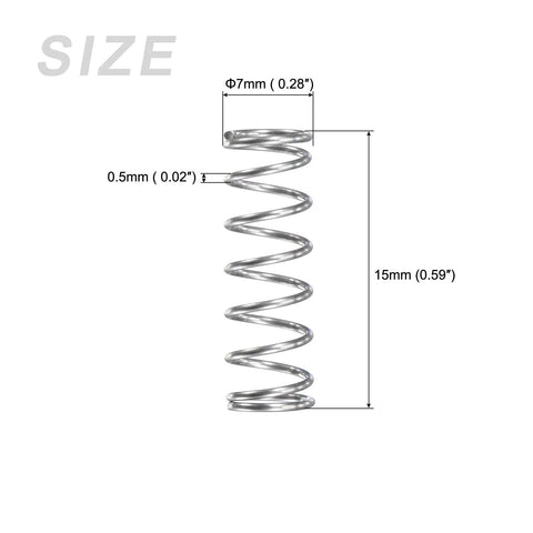 Compression spring, stainless steel, 0.5 mm wire, 7 mm outer diameter, 15 mm free length