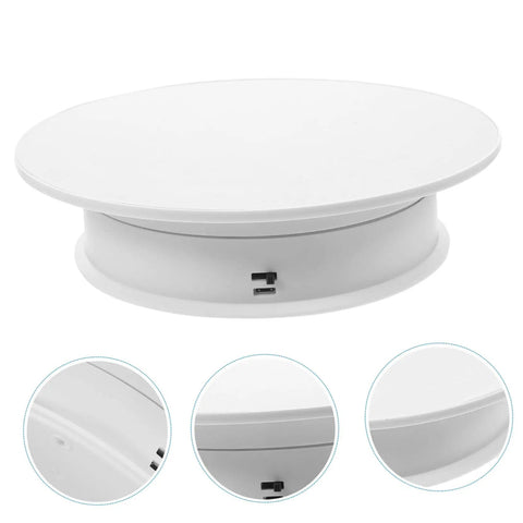 Rorpoir Adjustable Electric Rotating Display Stand For Jewelry And Watches With Anti Skid Base Energy Saving Motorized Turntable, white ABS base, top view.