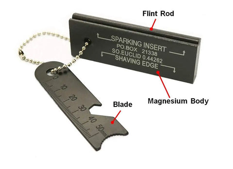 Close-up of Magnesium Flint Fire Starter Kit With Striker For Camping And Survival 4 Pack showing flint rod and magnesium body.