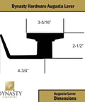 Side view diagram of Dynasty Hardware Augusta Lever showing dimensions: 4-3/4" length, 2-1/2" height, and 3-5/16" width.
