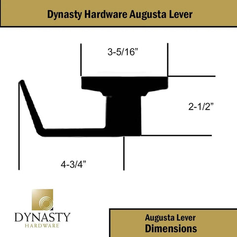 Side view diagram of Dynasty Hardware Augusta Lever showing dimensions: 4-3/4" length, 2-1/2" height, and 3-5/16" width.