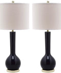 Long Neck Navy Ceramic Table Lamps Set Of 2, Modern Contemporary 31 Inch With White Cotton Shade, LED Bulbs Included