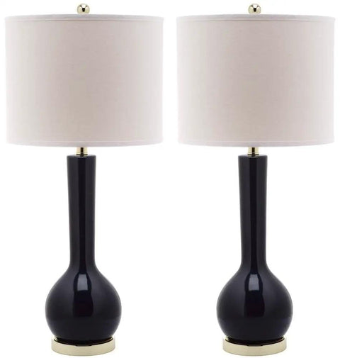 Long Neck Navy Ceramic Table Lamps Set Of 2, Modern Contemporary 31 Inch With White Cotton Shade, LED Bulbs Included