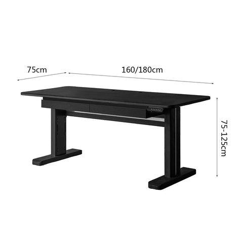 Super Sturdy Electric Standing Desk With Dual Storage Drawers And Whisper Quiet Lift Features A Heavy Duty Ash Wood Desktop In Crisp Matte Black, 160cm length.