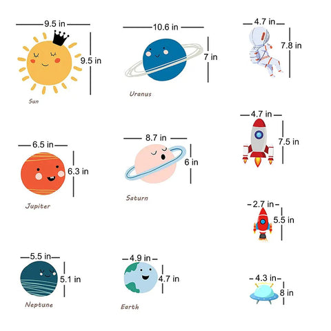 Cosmic Space Planet Wall Decals For Kids Educational Wall Stickers Showing Sun, Uranus, Astronaut, Jupiter, Saturn, Rockets, Neptune, Earth