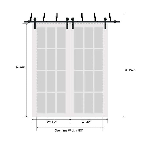 Felicia 3599 Bypass Barn Door Kit With Clear Glass And Solid Wood Panels White 84x96 Inches Classic Style dimensions diagram