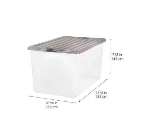 Big Ticket Clear Storage Bins 144 Quart 3 Pack Stackable Containers With Snappy Buckles Grooved Lid Handles Every Heavy Haul For Zero Drama Household Organization side view with size dimensions