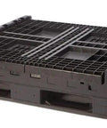 Heavy Duty Collapsible Bulk Container 2000 Pound Capacity Stackable Dump Bin With Dual Side Access Doors Hella Tough, flat black plastic design.