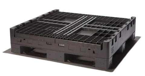Heavy Duty Collapsible Bulk Container 2000 Pound Capacity Stackable Dump Bin With Dual Side Access Doors Hella Tough, flat black plastic design.