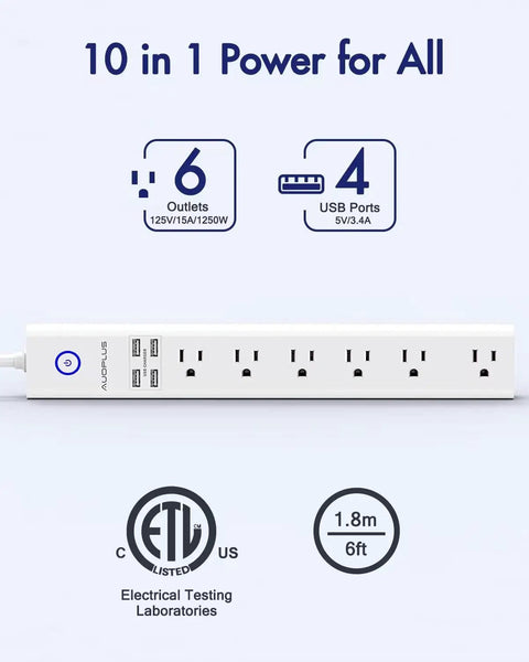 Two Pack Flat Plug Power Strips With 6 Wide Outlets And 4 USB Ports 6 Ft Extension Cord 2100J Surge Protection Overload Safe