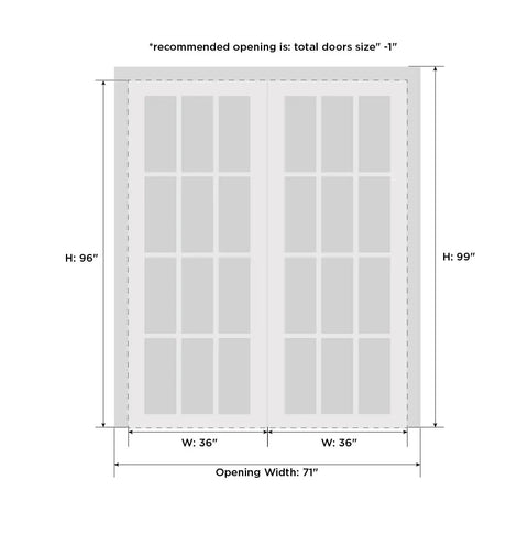 Modern White Bypass Sliding Closet Doors With Solid Core Construction And Complete Hardware Package Featuring Heavy Duty Rollers Slick Matte Finish Delivers Smooth Glide Operation For Fast Room Refresh dimensions diagram showing height 96 inches and width 36 inches.